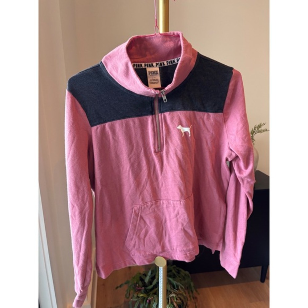 PINK Victoria's Secret Quarter Zip Sweatshirt Pink Charcoal Dog Logo- Y2K Size L
